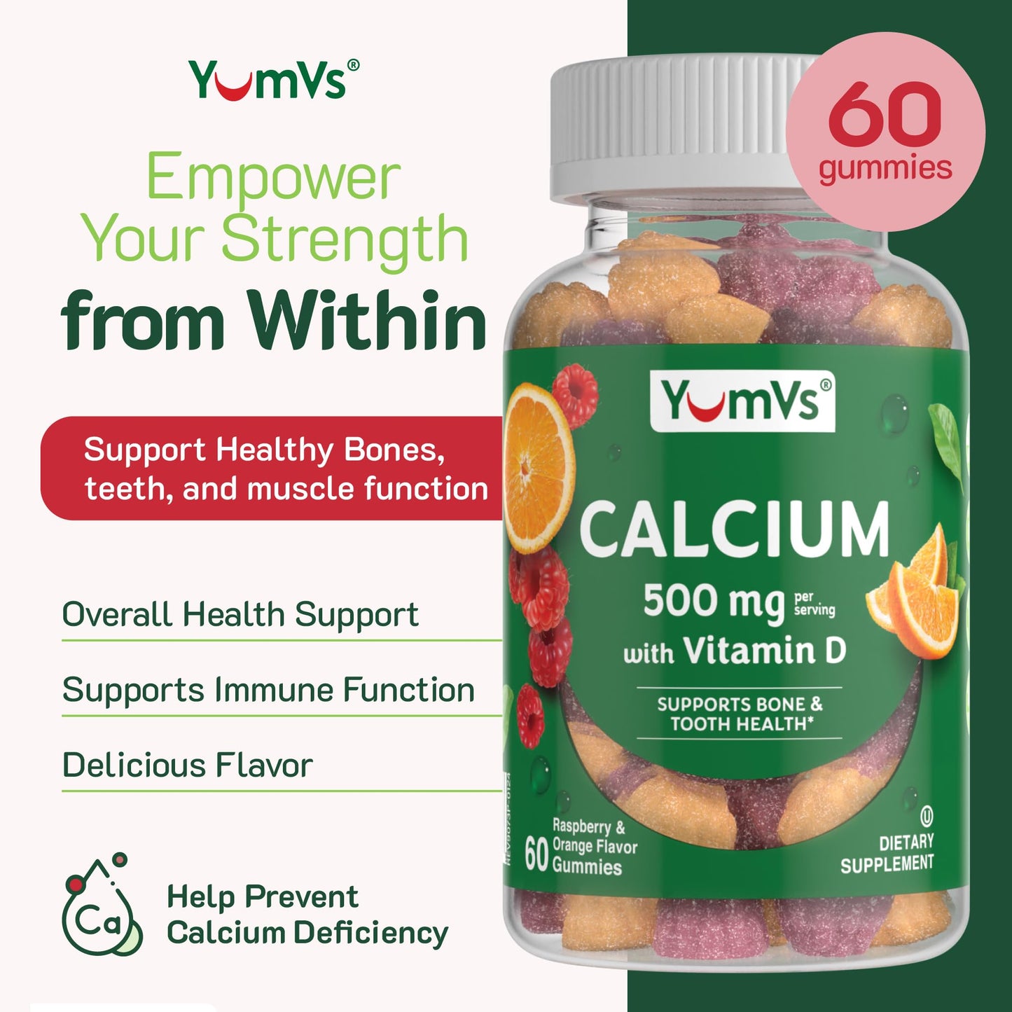 YumVs Calcium 500mg with Vitamin D3 Gummies - Raspberry & Orange