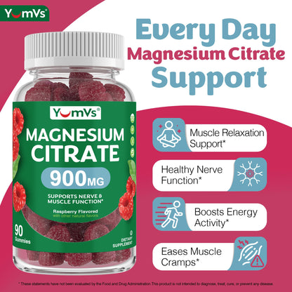 YUM-V'S Magnesium Citrate Gummies – 900mg for Nerve, Muscle & Enzyme Support – Gluten-Free Raspberry (Pack of 2)