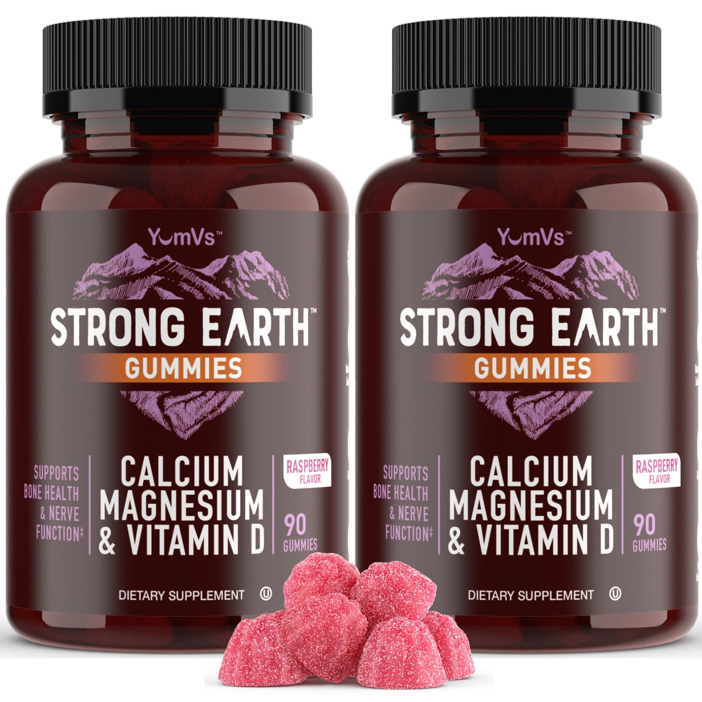 YUM-V'S Strong Earth Calcium Magnesium Vitamin D3 Gummies – Kosher, 90 Count (Pack of 2)