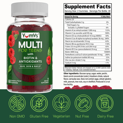 YumVs Teen Multivitamin Gummies - Raspberry Flavor | Biotin & Antioxidants | Hair, Skin & Nails | Kosher 12-17 (60 Count)