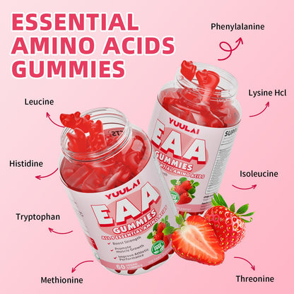 YUULAI EAA Gummies Pack (2 Bottles) – 9 EAAs + BCAAs, Strawberry, 120 Count