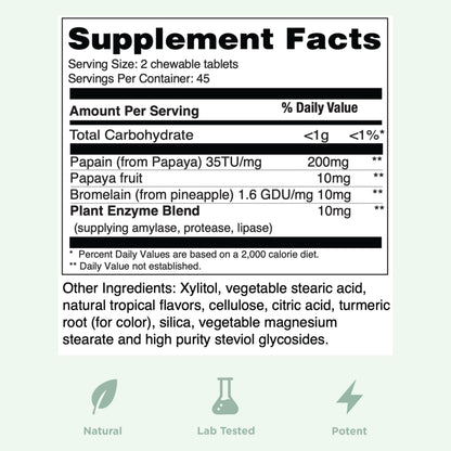 Yuve Naturals Chewable Papaya Enzymes – Sugar-Free Plant-Based Digestive Enzymes – Vegan, Non-GMO, Gluten-Free – 90ct