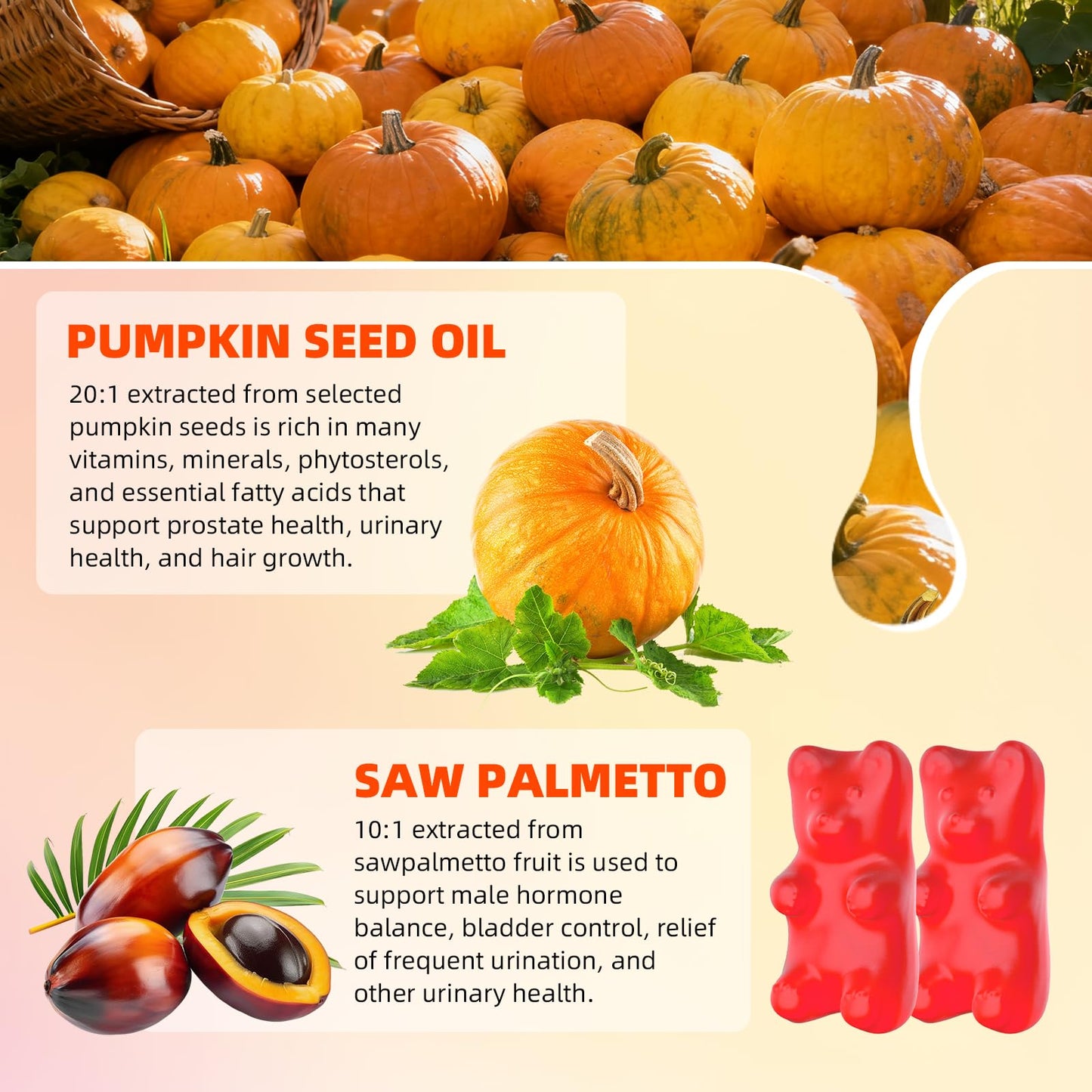 YXSW Pumpkin Seed Oil Gummies with Saw Palmetto – Hair Growth, Skin Health & Prostate Support | Strawberry Flavor, 60 Count