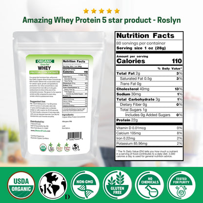 Z Natural Foods Organic Grass-Fed Whey Protein Concentrate – Unflavored, Cold-Processed, 5 lb