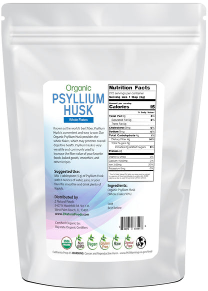 Z Natural Foods Organic Whole Psyllium Husk Flakes – 3 lb, Non-GMO, Vegan & Gluten-Free