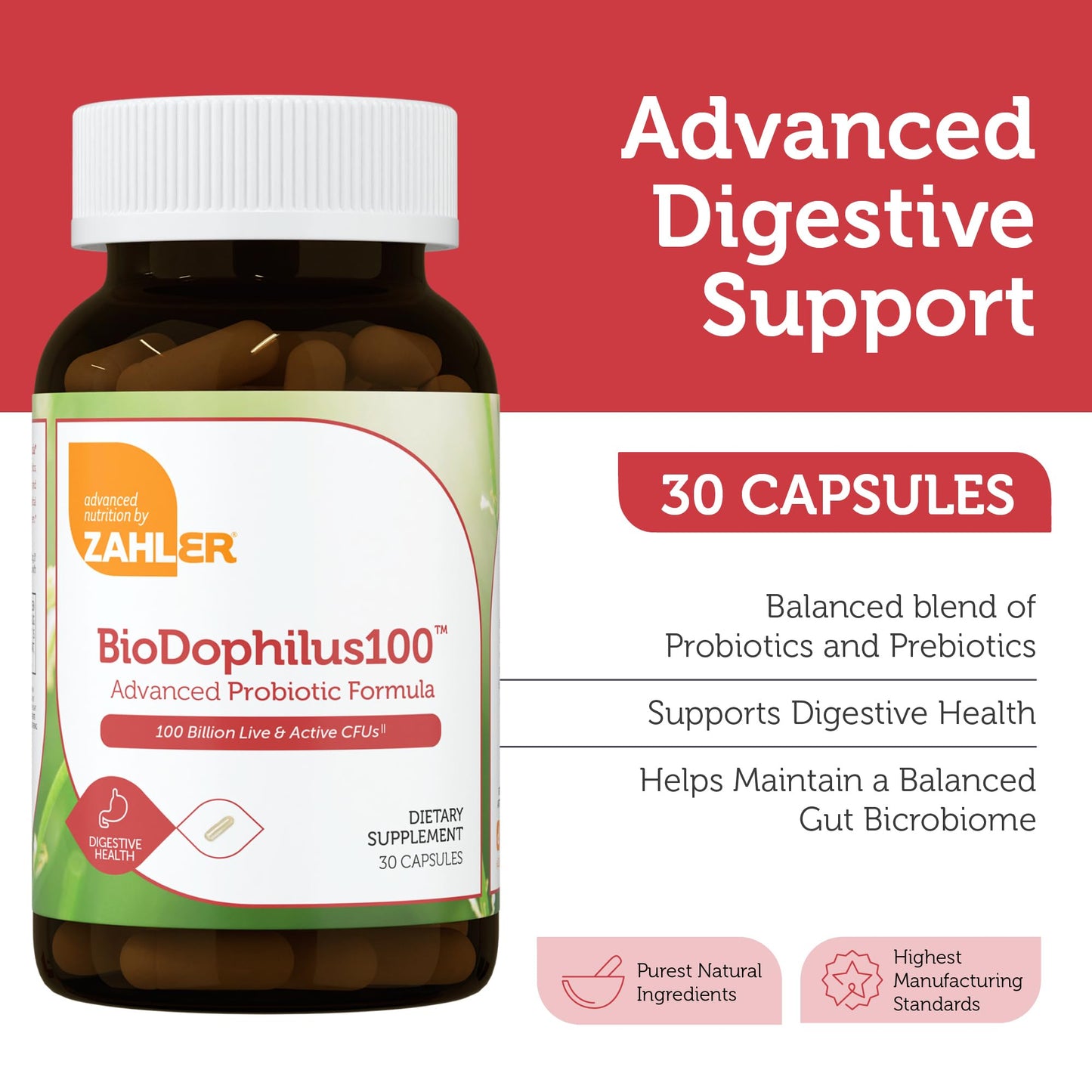 Zahler BioDophilus100 Probiotic | 100 Billion CFU | 11 Strains | 30 Ct