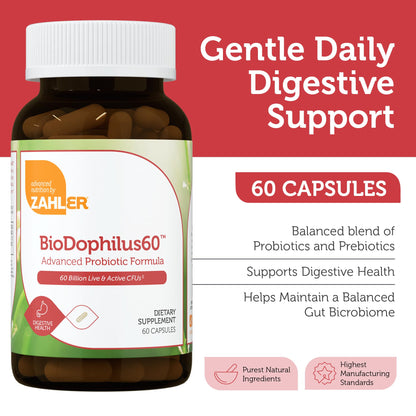 Zahler BioDophilus60 – 60 Billion CFU Probiotic + Prebiotic | 11 Strains | Kosher Digestive Health (60 Capsules)