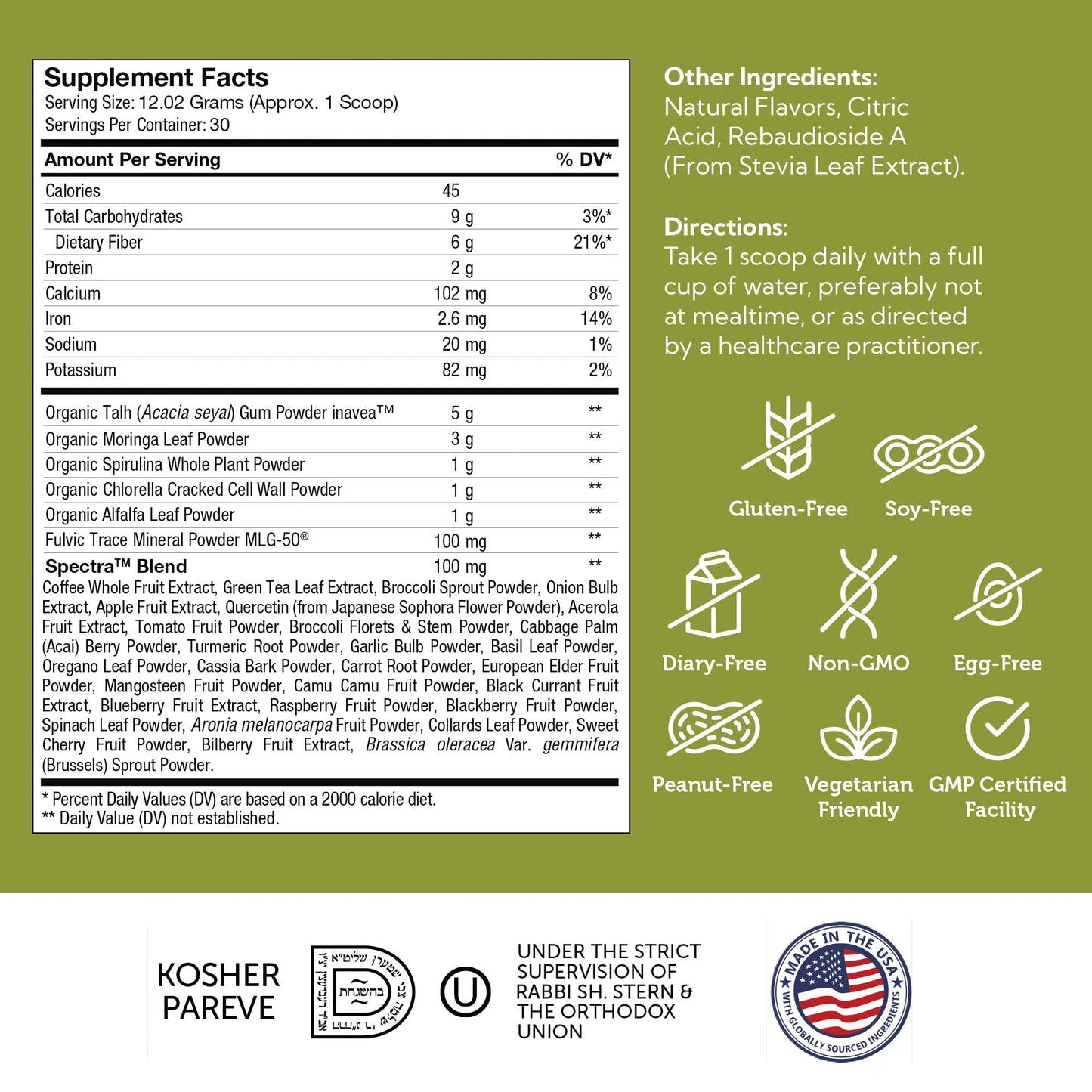 Zahler Core Greens Powder - Organic Greens Superfood (Citrus) | Spirulina, Chlorella & More