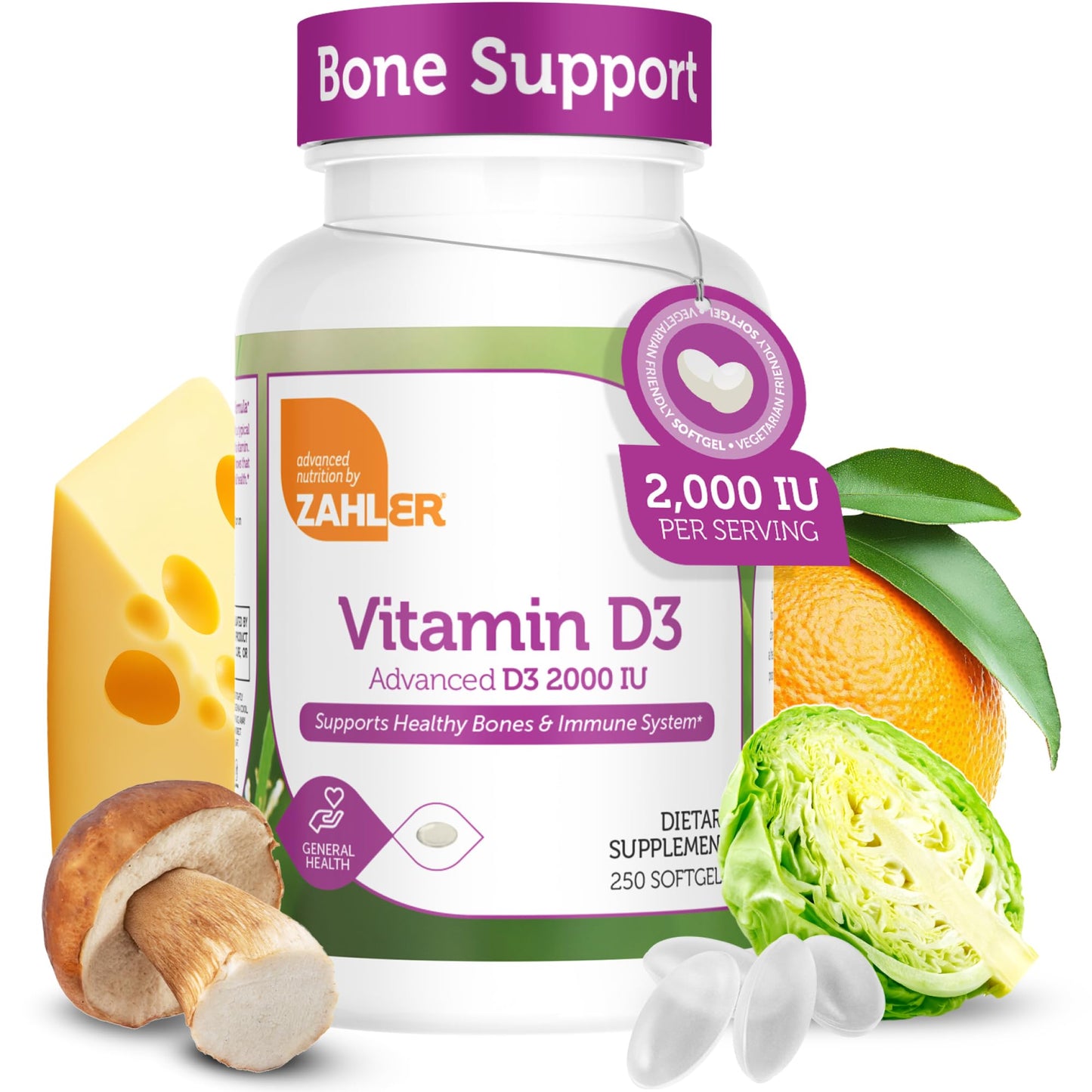 Zahler Vitamin D3 2000 IU Softgels (250 ct) – Kosher & Vegetarian | Immune, Bone & Teeth Support