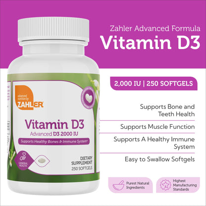 Zahler Vitamin D3 2000 IU Softgels (250 ct) – Kosher & Vegetarian | Immune, Bone & Teeth Support