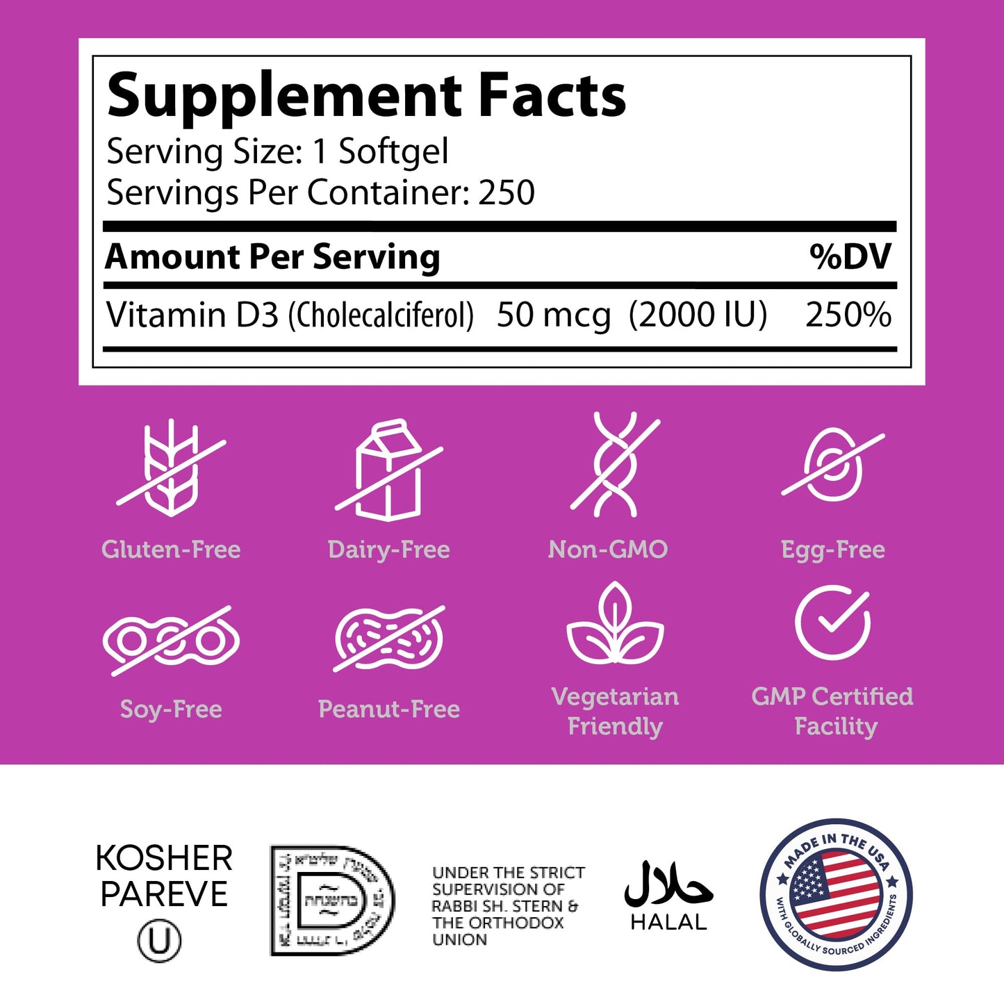 Zahler Vitamin D3 2000 IU Softgels (250 ct) – Kosher & Vegetarian | Immune, Bone & Teeth Support