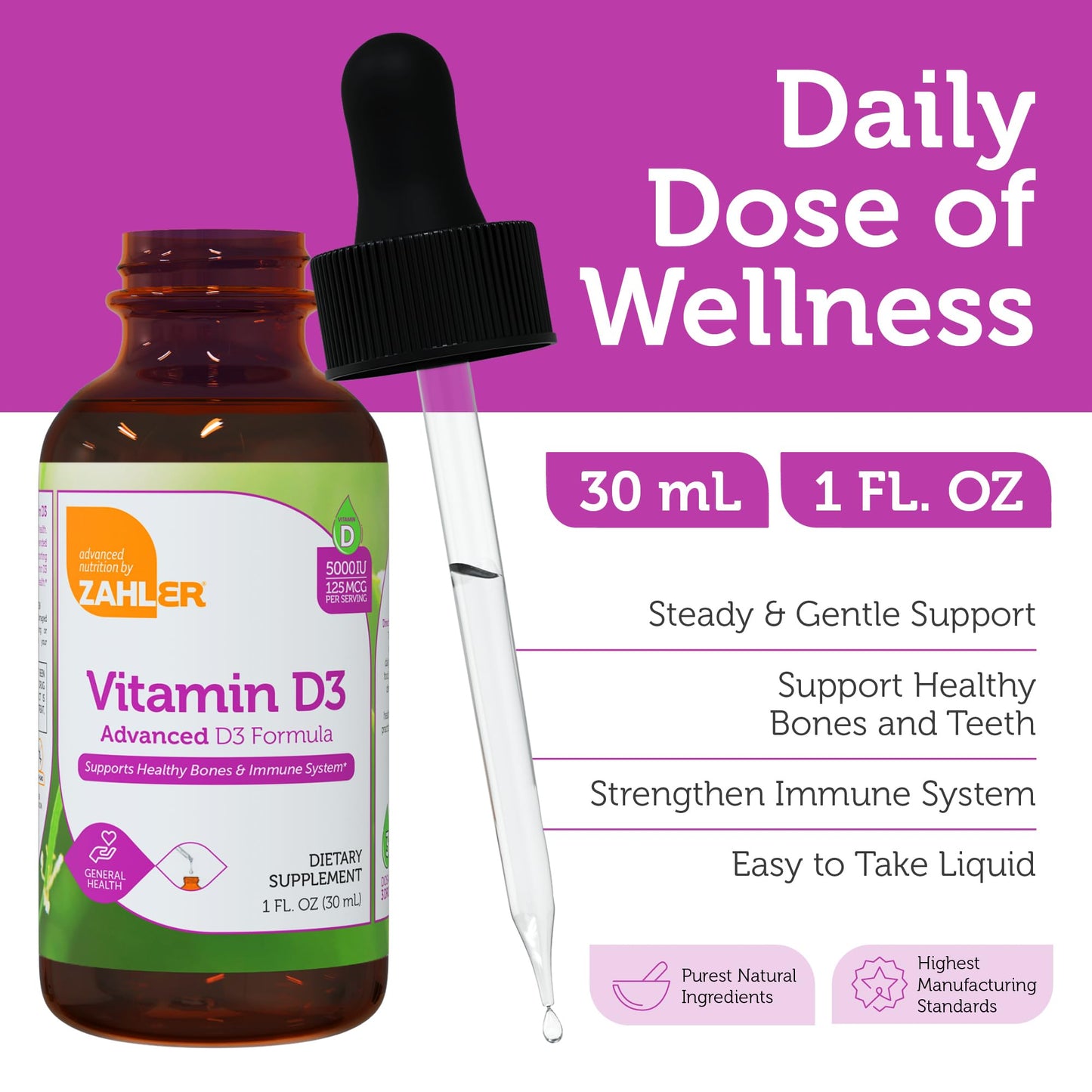 Zahler Liquid Vitamin D3 5000 IU - for Adults Bone & Immune Health - Vitamin D3 Supplements for Women & Men (1 fl oz)