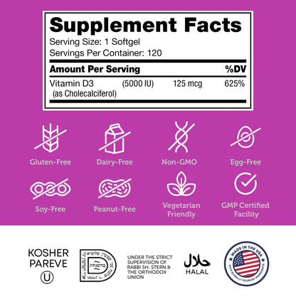 Zahler Vitamin D3 5000 IU Softgels (120 ct) - Kosher Vegetarian, Immune & Bone Health