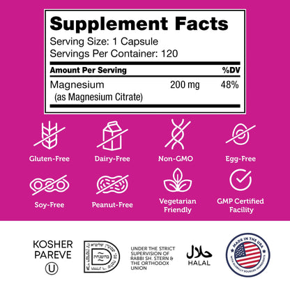 Zahler Magnesium Citrate 200 mg Capsules (120 Count) - Certified Kosher Bioactive Magnesium
