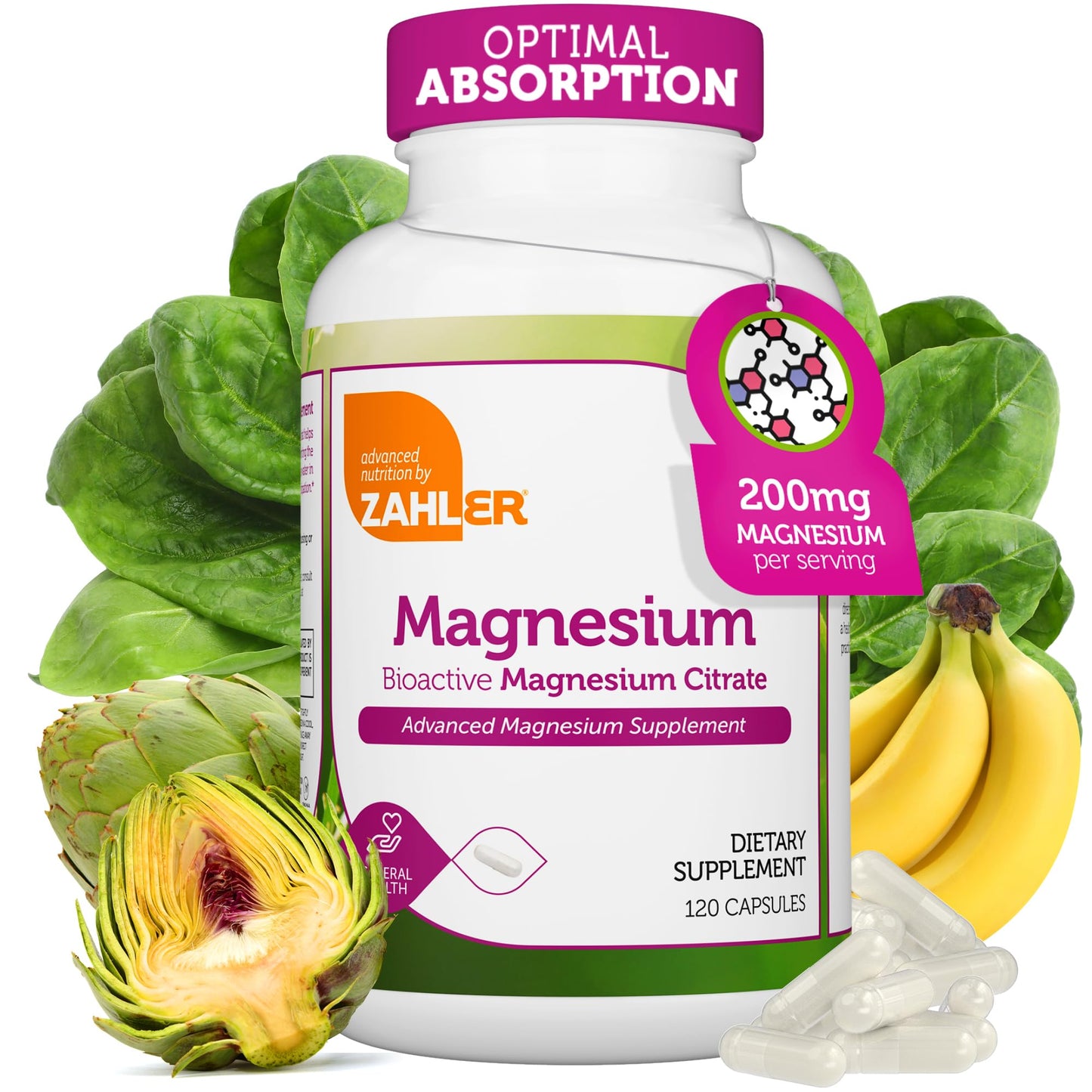 Zahler Magnesium Citrate 200 mg Capsules (120 Count) - Certified Kosher Bioactive Magnesium