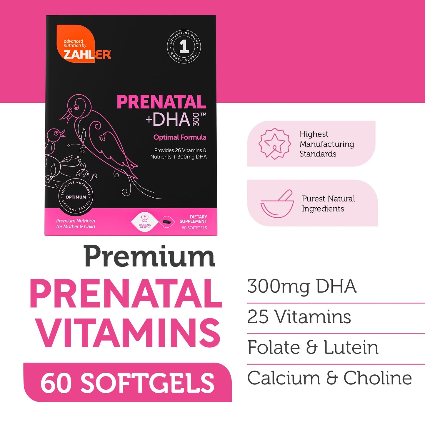 Zahler Prenatal Vitamin with DHA & Folate - 60 Softgels | Kosher Prenatal