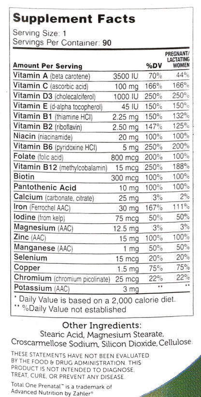 Zahler Total One Prenatal Vitamins – 90 Count | Prenatal Multivitamin with Folic Acid, Iron & 19 Nutrients (Kosher)
