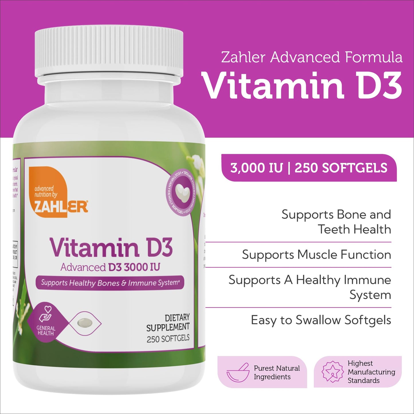 Zahler Vitamin D3 3000IU – Kosher Certified, 250 Softgels