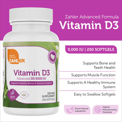 Zahler Vitamin D3 5000 IU Softgels – 250 Count | Kosher, Vegetarian Friendly Immune Support, Bone & Teeth Health