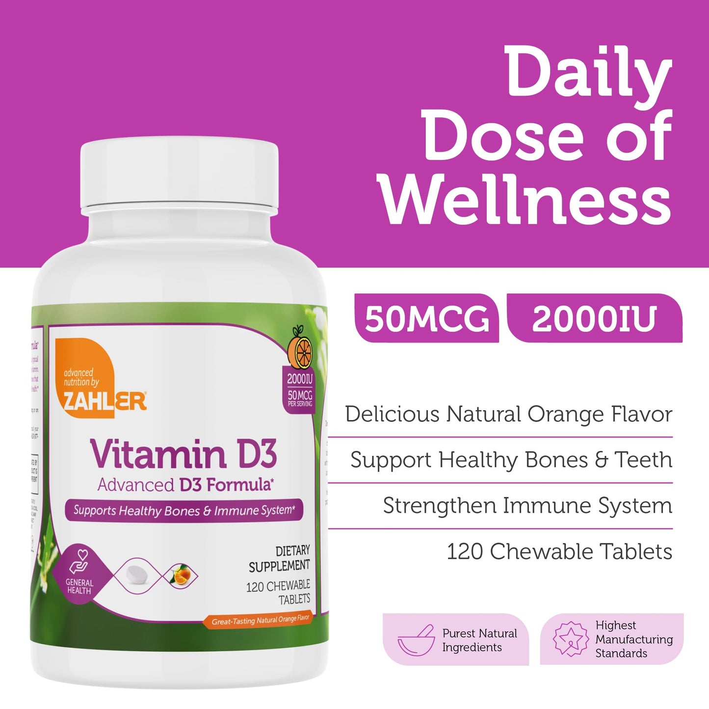 Zahler Chewable Vitamin D3 2000 IU – Bone & Immune Health (120 Count) Pack of 2