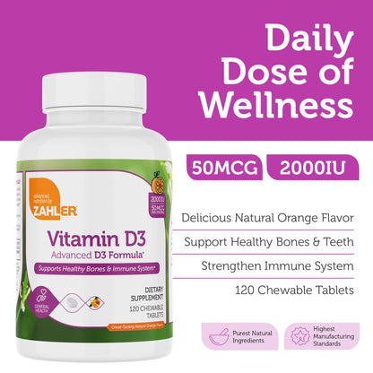 Zahler Chewable Vitamin D3 2000 IU – Bone & Immune Health (120 Count) Pack of 2