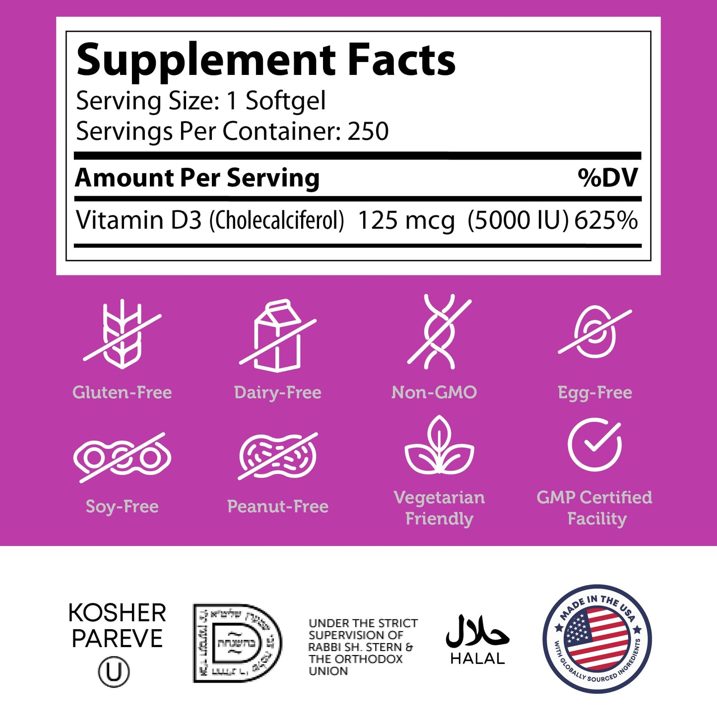 Zahler Vitamin D3 5000 IU Softgels – 250 Count | Kosher, Vegetarian Friendly Immune Support, Bone & Teeth Health