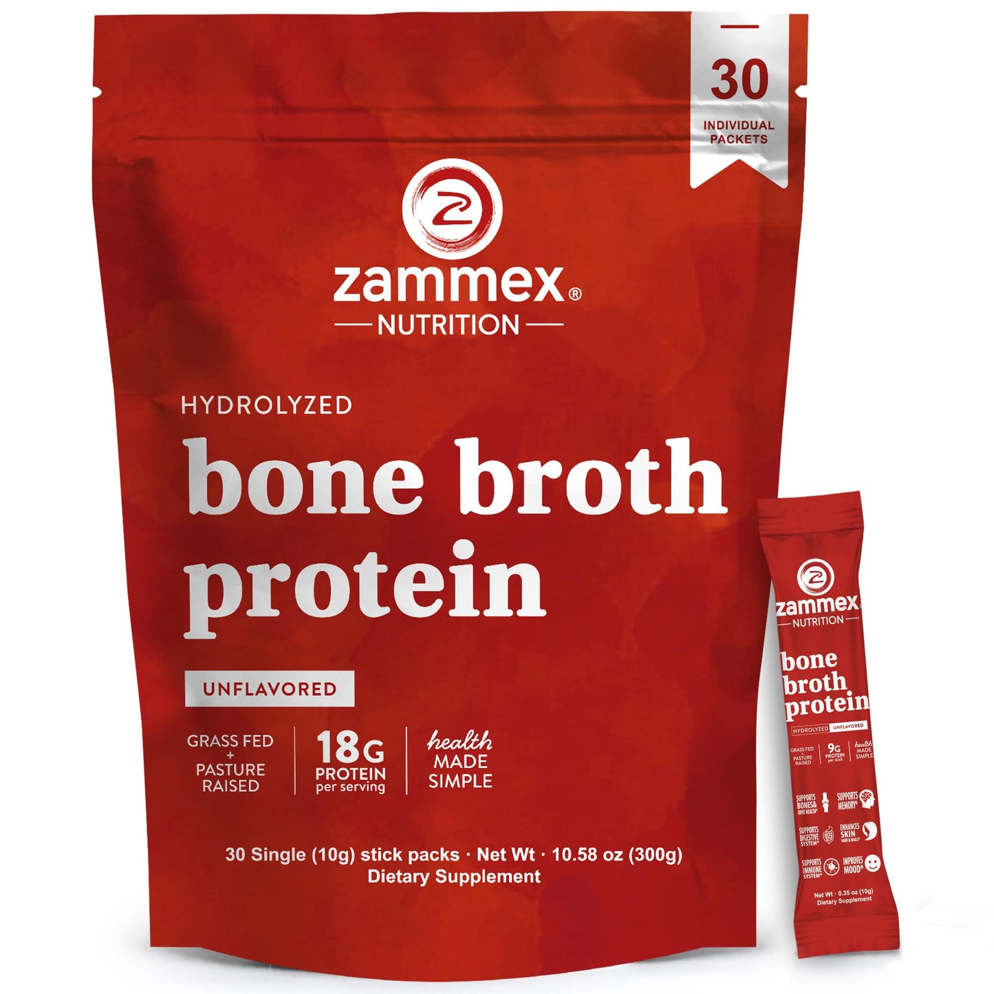 Zammex Bone Broth Packets – 20g Collagen Protein, 30 Travel Sticks, Gluten-Free, Keto & Paleo (15 Servings)