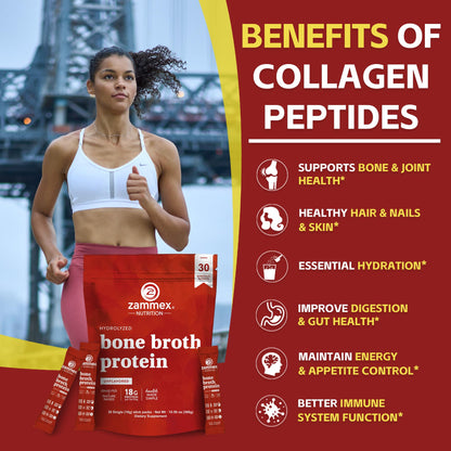 Zammex Bone Broth Packets – 20g Collagen Protein, 30 Travel Sticks, Gluten-Free, Keto & Paleo (15 Servings)