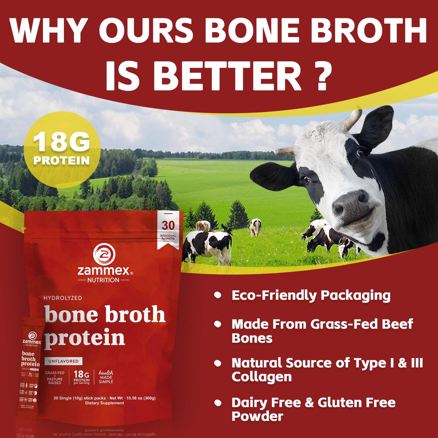 Zammex Bone Broth Packets – 20g Collagen Protein, 30 Travel Sticks, Gluten-Free, Keto & Paleo (15 Servings)
