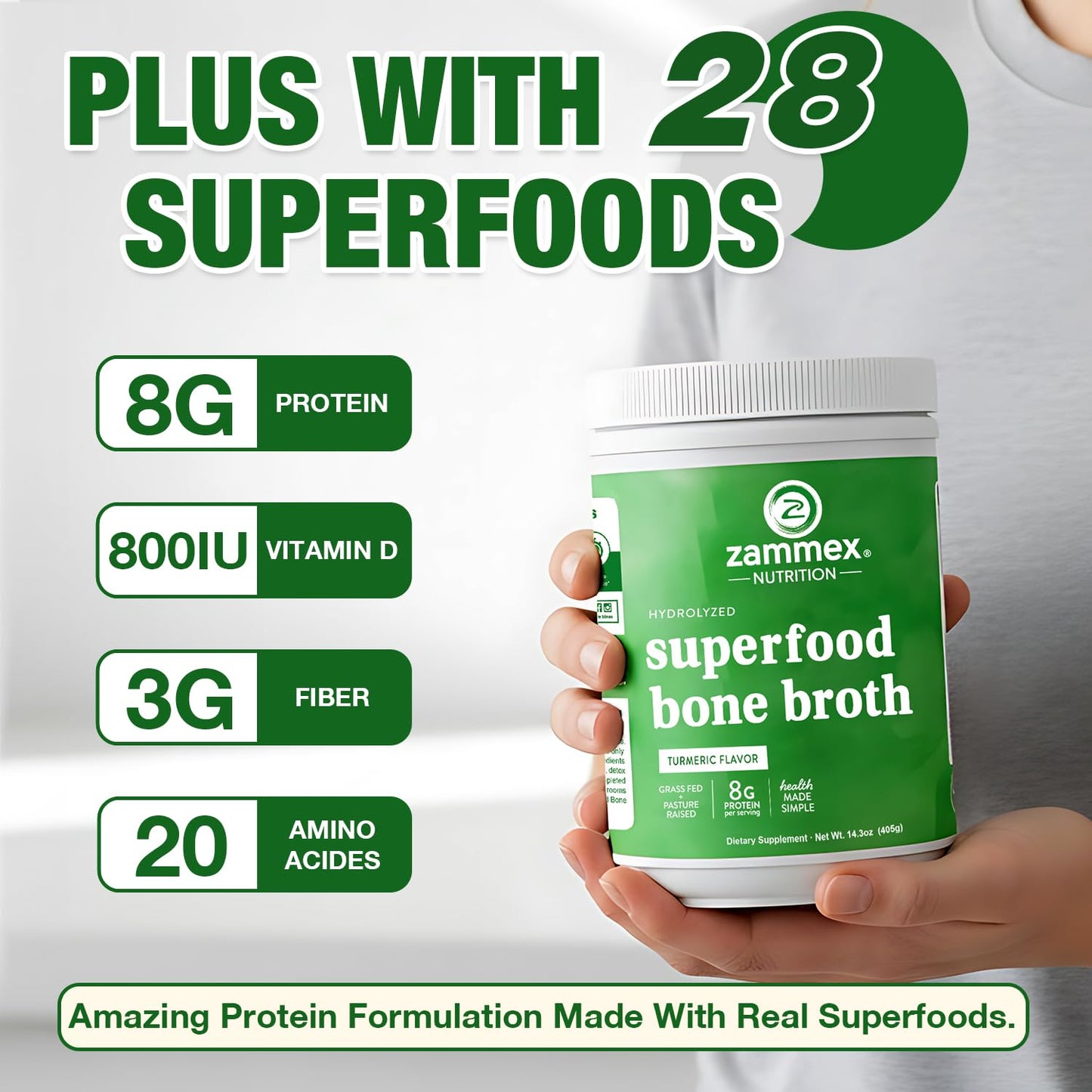 Zammex Bone Broth Plus Turmeric Protein Powder - 8g Hydrolyzed Protein, Non-GMO, 30 Servings