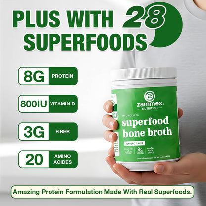 Zammex Bone Broth Plus Turmeric Protein Powder - 8g Hydrolyzed Protein, Non-GMO, 30 Servings