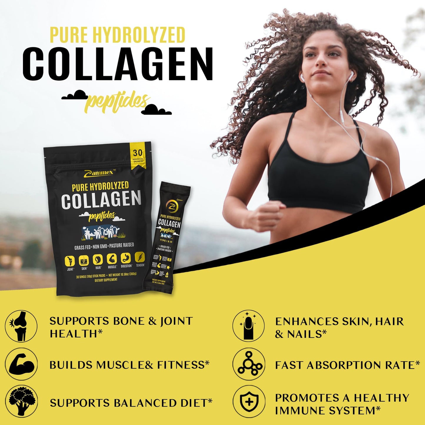 Zammex Premium Collagen Peptides Powder - 30 Travel Packets (Type I & III)