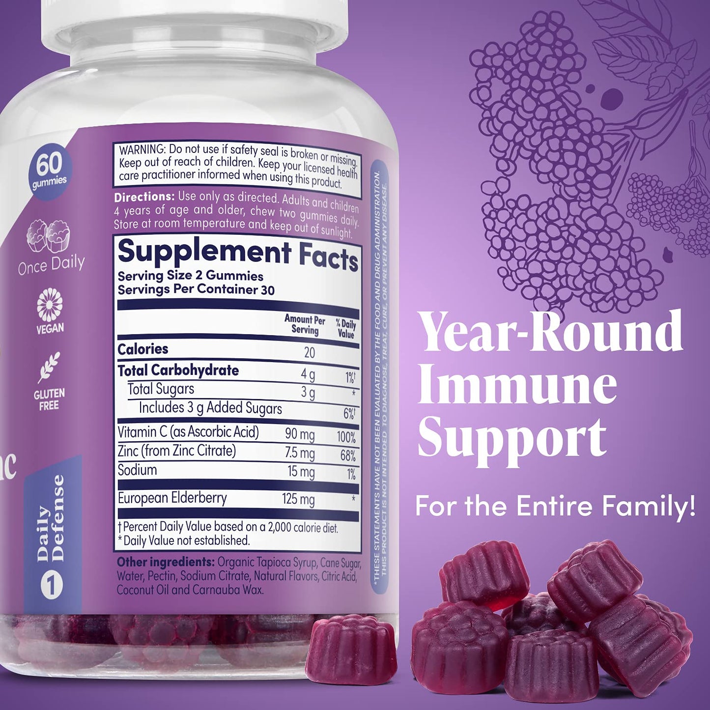 ZAND Elderberry Zinc Immunity Gummies with Vitamin C - Immune Support for All Ages (Pack of 2, 60ct each)