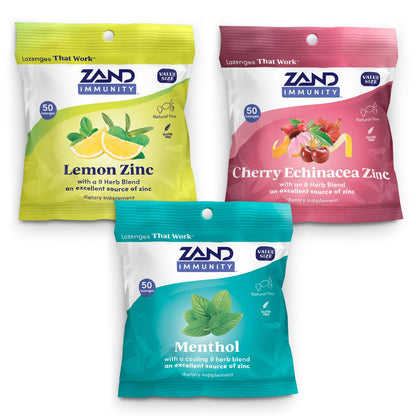 ZAND Immunity Variety 3 Pack: Lemon Zinc, Menthol & Cherry Echinacea Lozenges