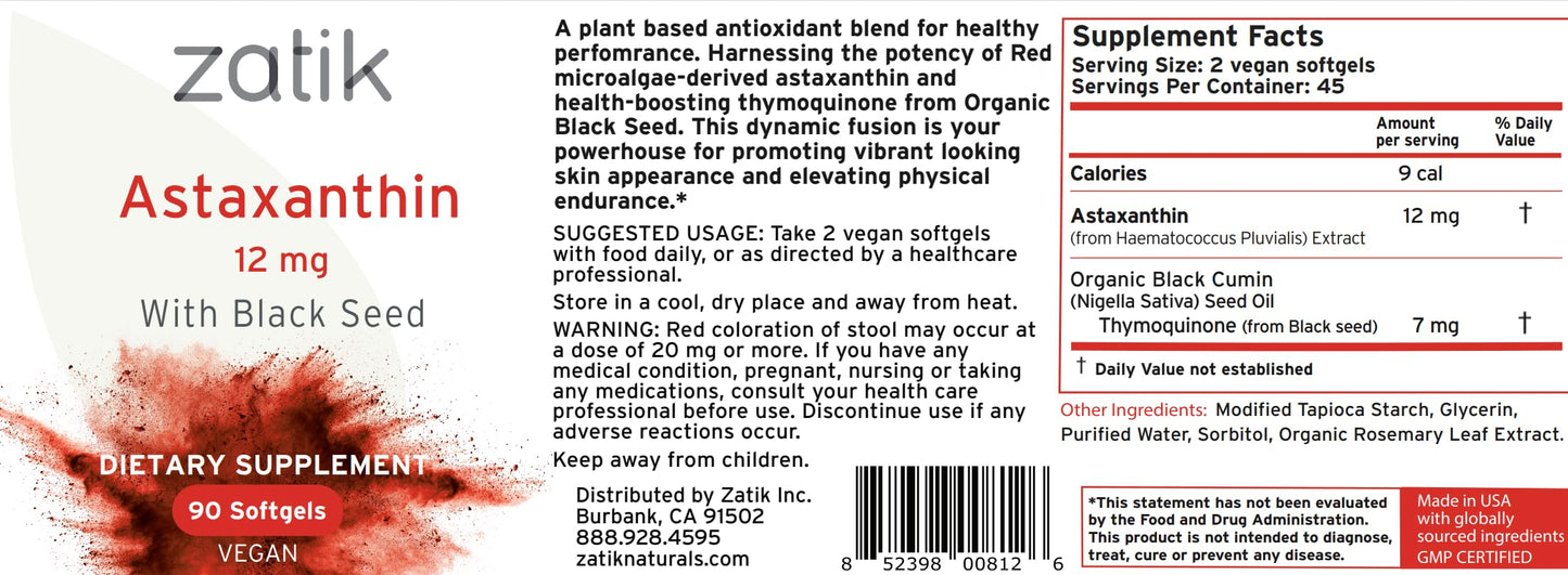 Zatik Naturals - Astaxanthin 12mg with Organic Black Seed | 90 Vegan Softgels