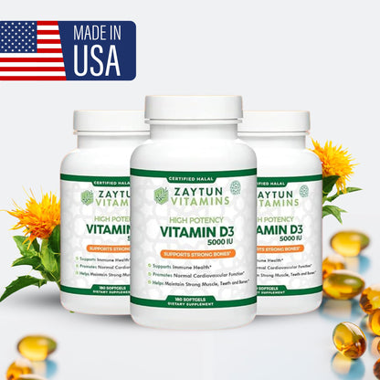 Zaytun Halal Vitamin D3 5000 IU – 180 Mini Softgels | Supports Bones & Immune Health | Made in USA