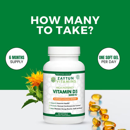Zaytun Halal Vitamin D3 5000 IU – 180 Mini Softgels | Supports Bones & Immune Health | Made in USA