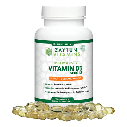 Zaytun Halal Vitamin D3 5000 IU – 180 Mini Softgels | Supports Bones & Immune Health | Made in USA