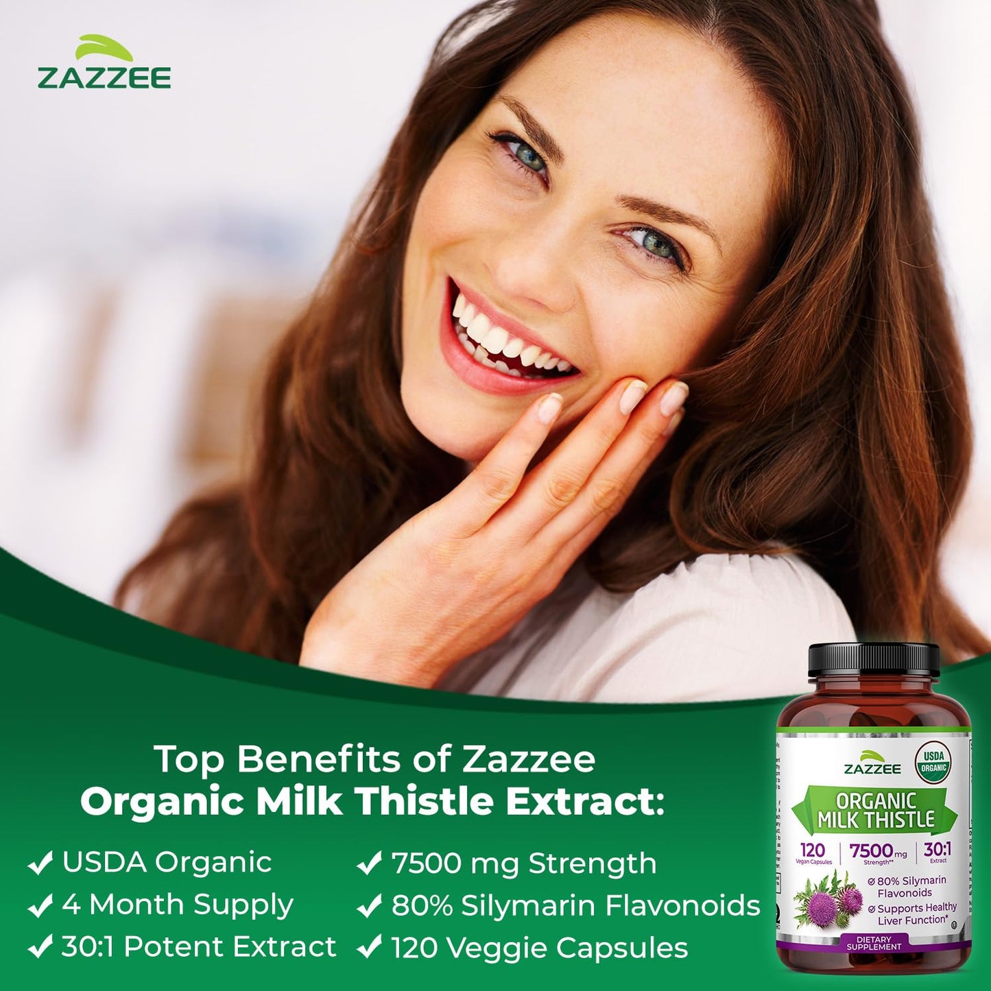 Zazzee USDA Organic Milk Thistle 30:1 Extract - 7500 mg, 120 Veg Capsules