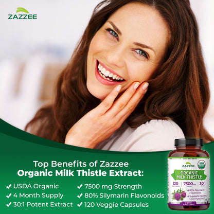 Zazzee USDA Organic Milk Thistle 30:1 Extract - 7500 mg, 120 Veg Capsules