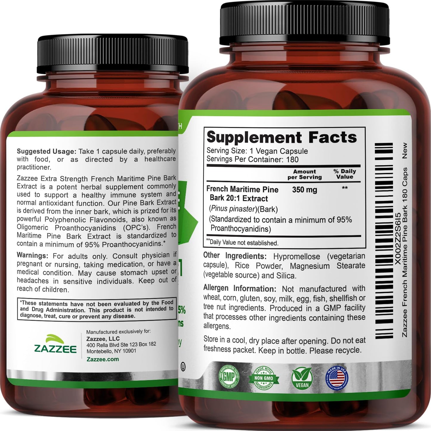 Zazzee Extra Strength French Maritime Pine Bark Extract 20:1 – 350 mg per Capsule, 180 Vegan Capsules