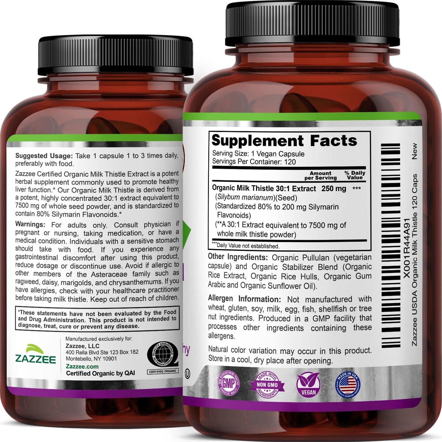 Zazzee USDA Organic Milk Thistle 30:1 Extract - 7500 mg, 120 Veg Capsules