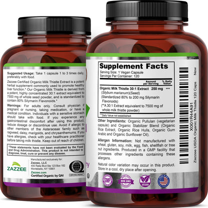 Zazzee USDA Organic Milk Thistle 30:1 Extract - 7500 mg, 120 Veg Capsules