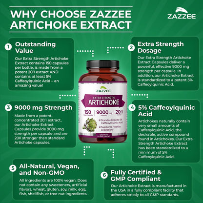 Zazzee Extra Strength Artichoke 20:1 Extract – 9000 mg per Capsule, 150 Vegan Capsules