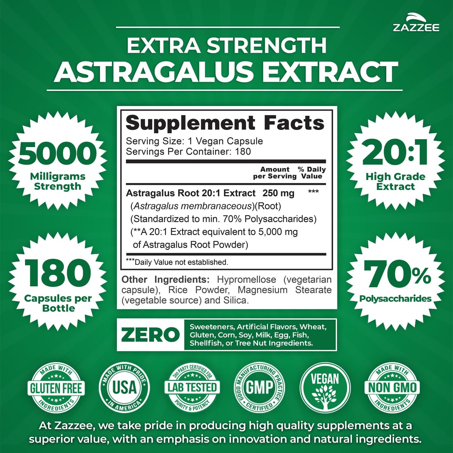 Zazzee Extra Strength Astragalus Root 20:1 Extract – 5000 mg, 70% Polysaccharides, 180 Vegan Capsules, 6 Month Supply, Non-GMO