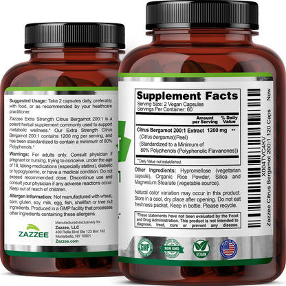 Zazzee Extra Strength Citrus Bergamot 200:1 Extract 1200 mg, 80% Polyphenols, 120 Vegan Capsules, Made in The USA