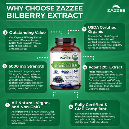 Zazzee USDA Organic Bilberry 20:1 Extract – 6000 mg, 120 Vegan Capsules, 4 Month Supply