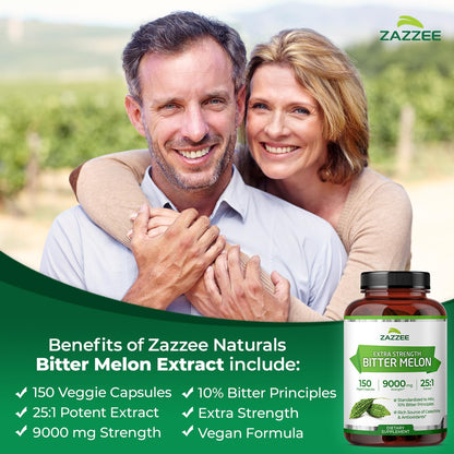 Zazzee Extra Strength Bitter Melon 25:1 Extract – 9000 mg, 10% Bitter Principles, 150 Vegan Capsules, 25X Standardized, Non-GMO