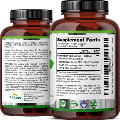 Zazzee Extra Strength Bitter Melon 25:1 Extract – 9000 mg, 10% Bitter Principles, 150 Vegan Capsules, 25X Standardized, Non-GMO