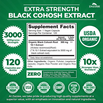 Zazzee USDA Organic Black Cohosh 10:1 Extract – 3000 mg Strength, 120 Capsules, 4 Month Supply | Made in USA